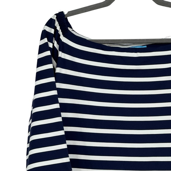 J McLaughlin Size Large Blue/White Patrice Off Shoulder Striped Nautical Dress - Picture 2 of 12